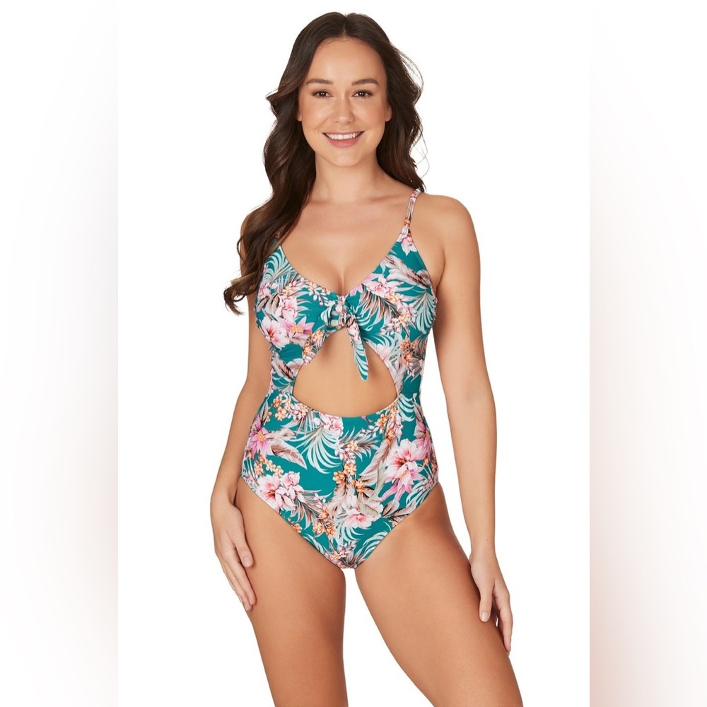 Teal Floral Tie-Front One-Piece Swimsuit